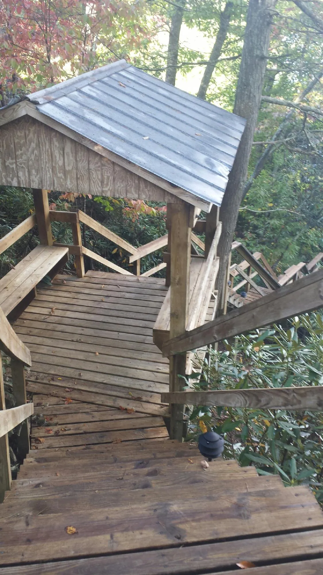 Metal roofed shelter over wooden steps on a wooded walkway — Skylight Repair & Installation work by our crew in Nova
